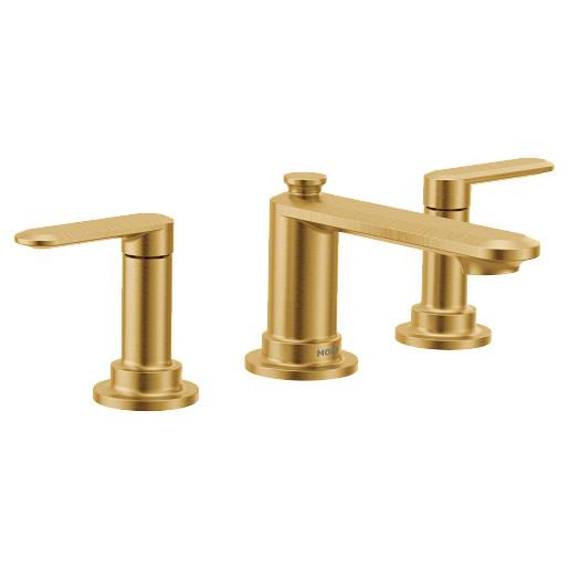 Moen® TV6507BG Greenfield™ Low Arc Bathroom Faucet, 1.2 gpm Flow Rate, 2-3/4 in H Spout, 8 to 16 in Center, Brushed Gold, 2 Handles, Lift Rod Drain, Domestic