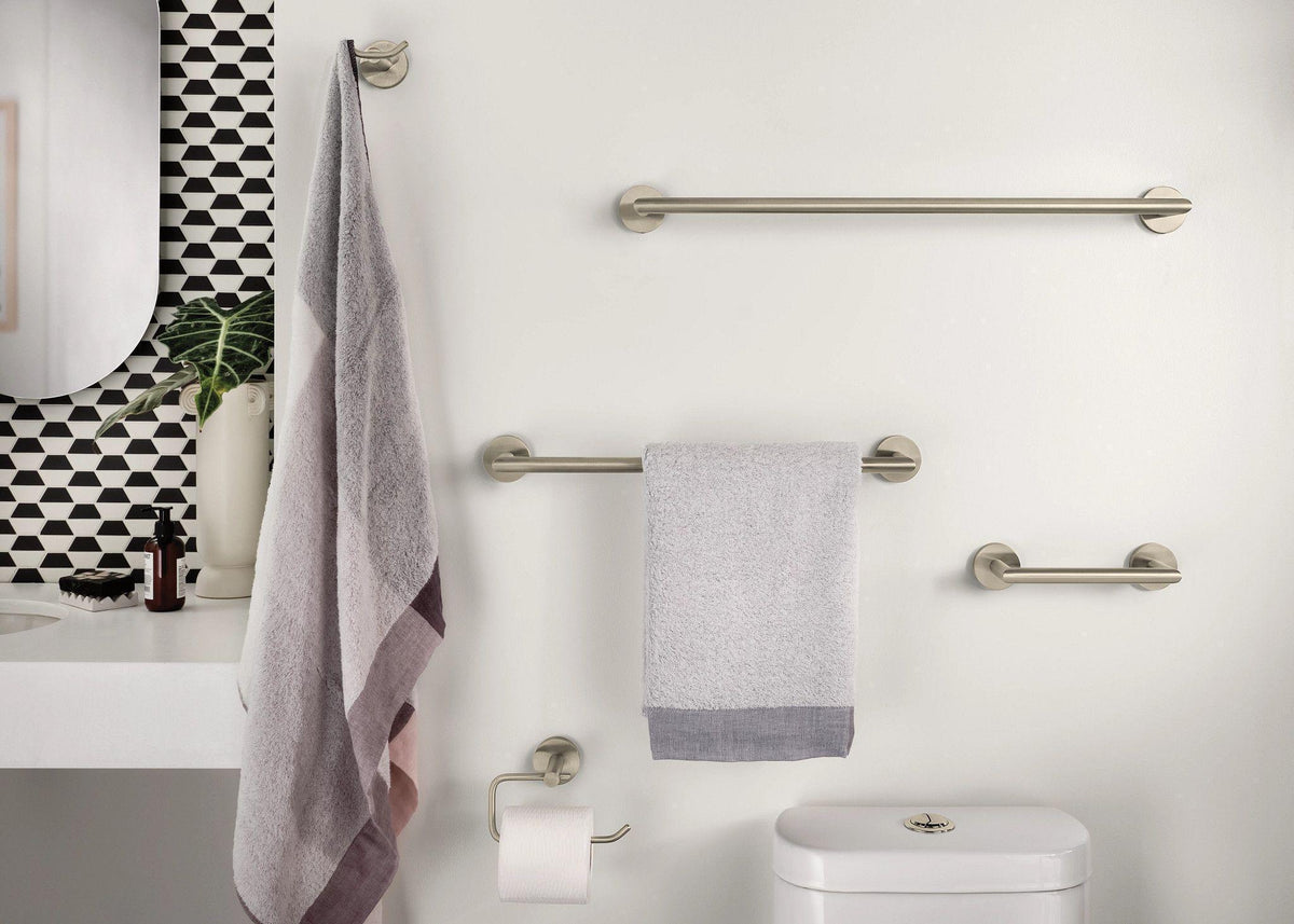 Moen® Y5718BN Arlys™ Towel Bar, 18 in L Bar, 2-1/8 in OAH x 3-5/16 in OAD, Stainless Steel/Zinc, Import