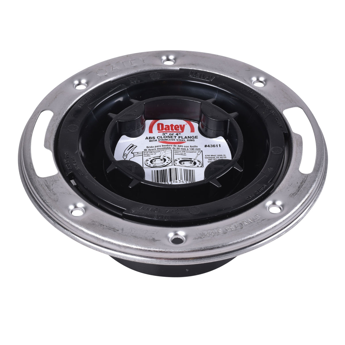Oatey® Easy Tap® 43611 Closet Flange With Test Cap and Stainless Steel Ring, 3 to 4 in Pipe, ABS