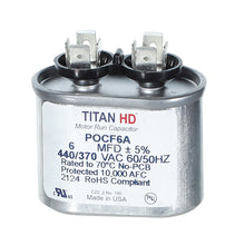Packard POCF6A Titan HD Capacitor, 6 mfd, 440/370 V AC, 50/60 Hz, Oval Shape, Domestic