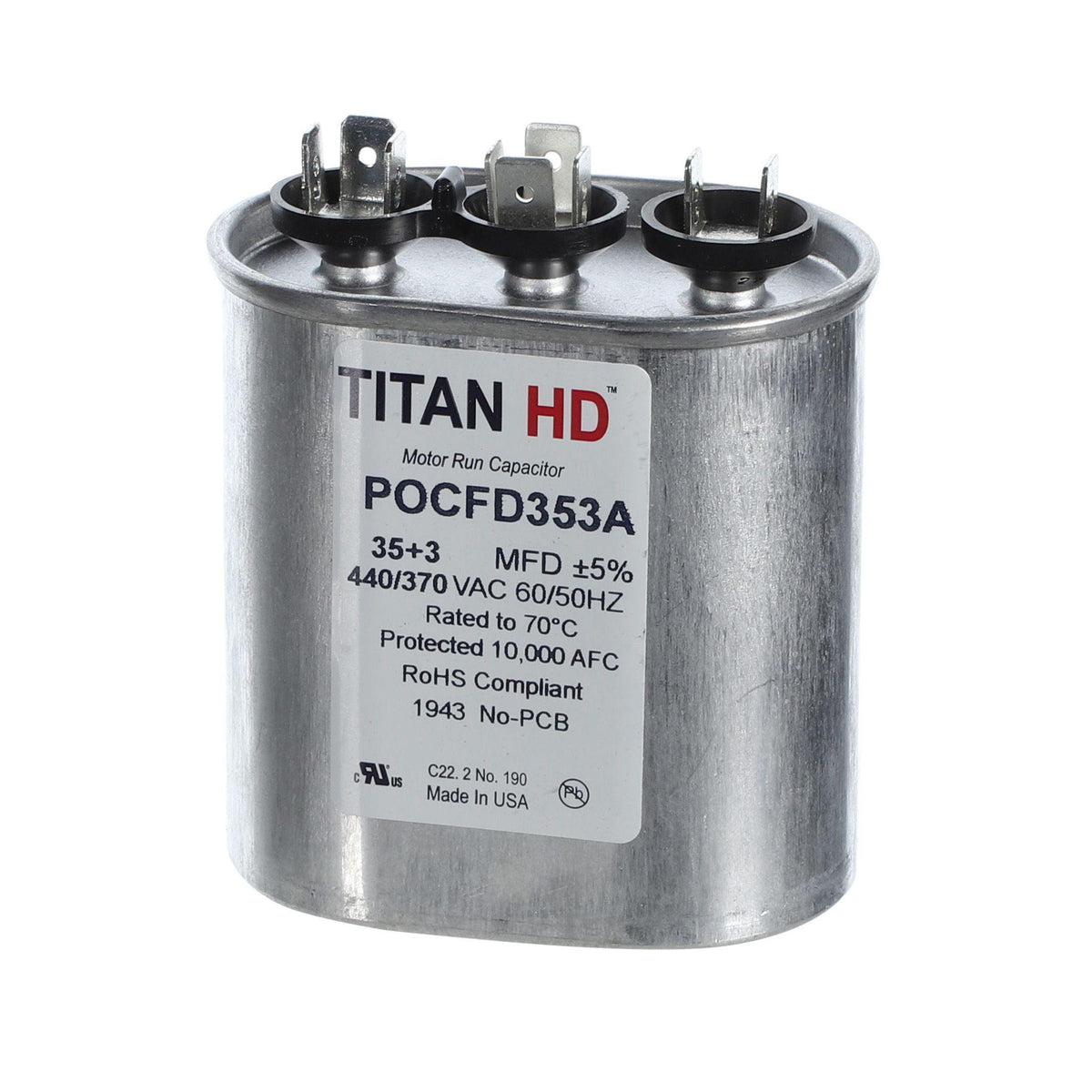 Packard POCFD353A Titan HD Capacitor, 353 mfd, 440/370 V AC, 50/60 Hz, Oval Shape, Domestic