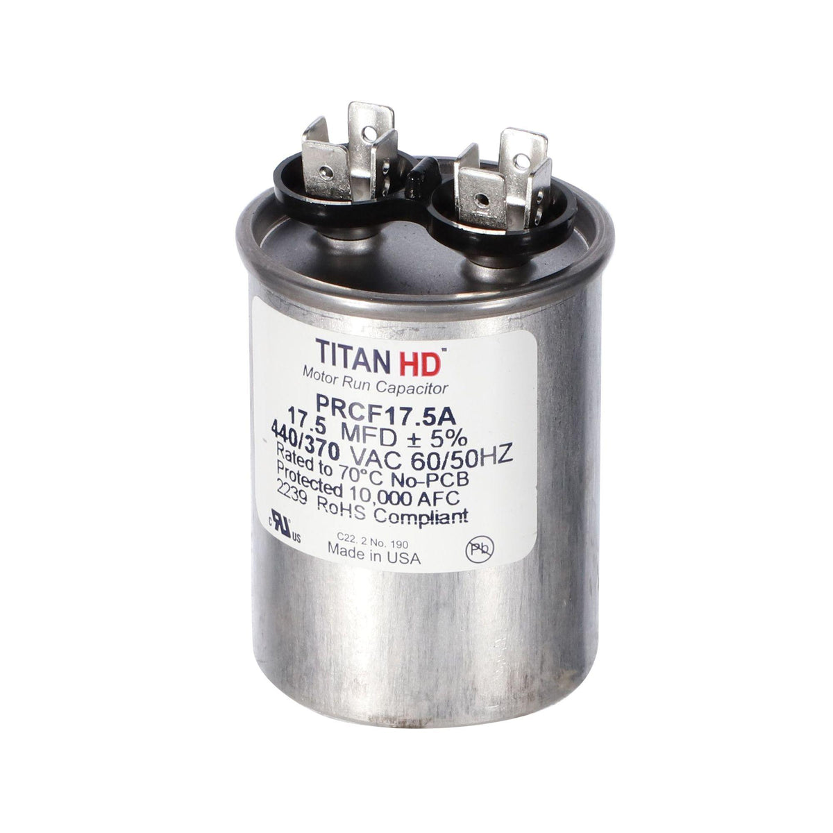 Packard PRCF17.5A Titan HD Capacitor, 17.5 mfd, 440/370 V AC, 50/60 Hz, Round Shape, Domestic