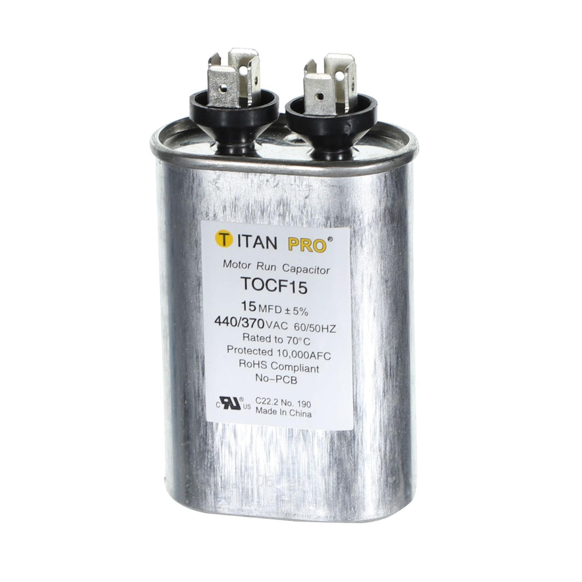 Packard TOCF15 Single Section Run Capacitors, 15 uF, 370/440 VAC, Oval Shape