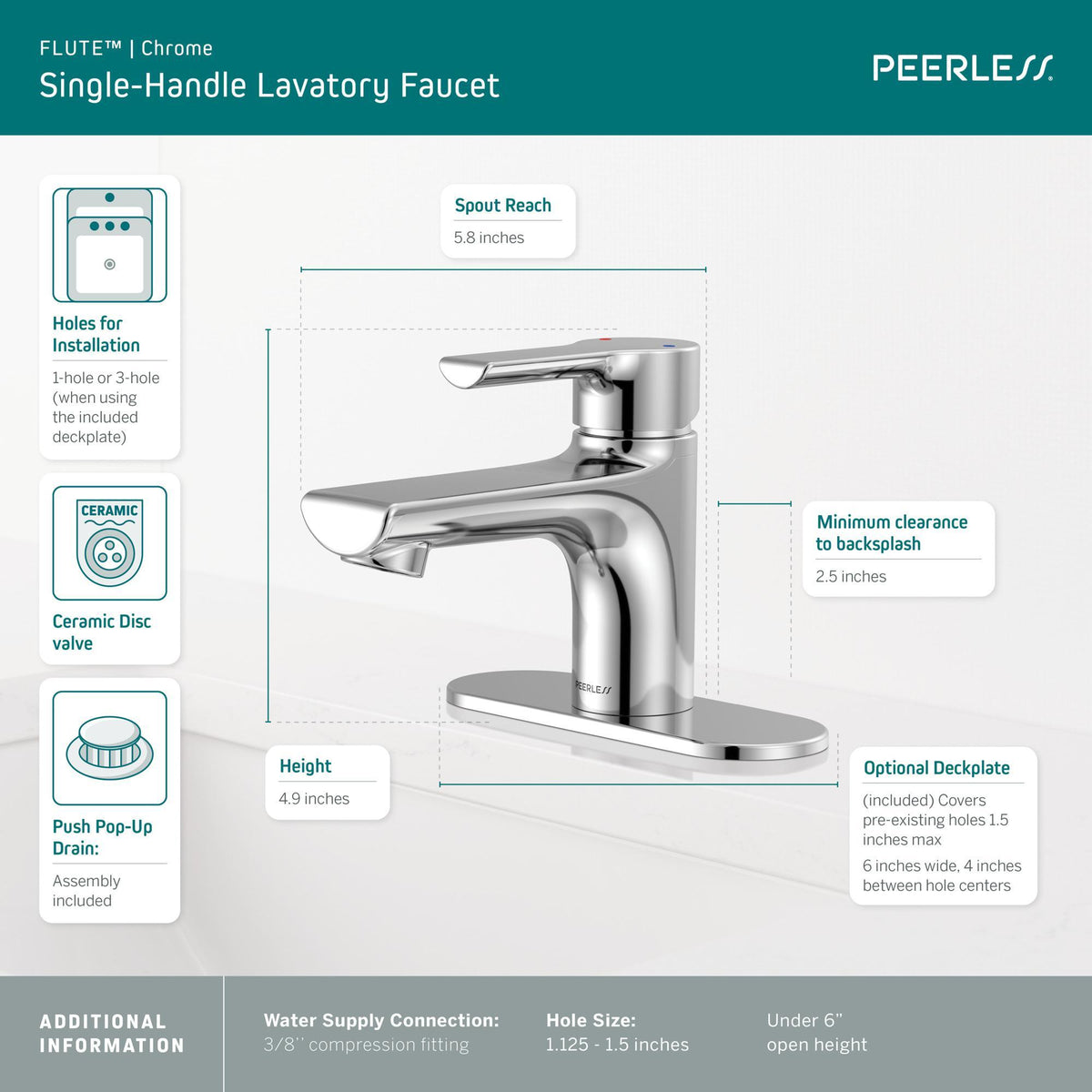 Flute - Single Top Handle Bathroom - Chrome - Deck Mount