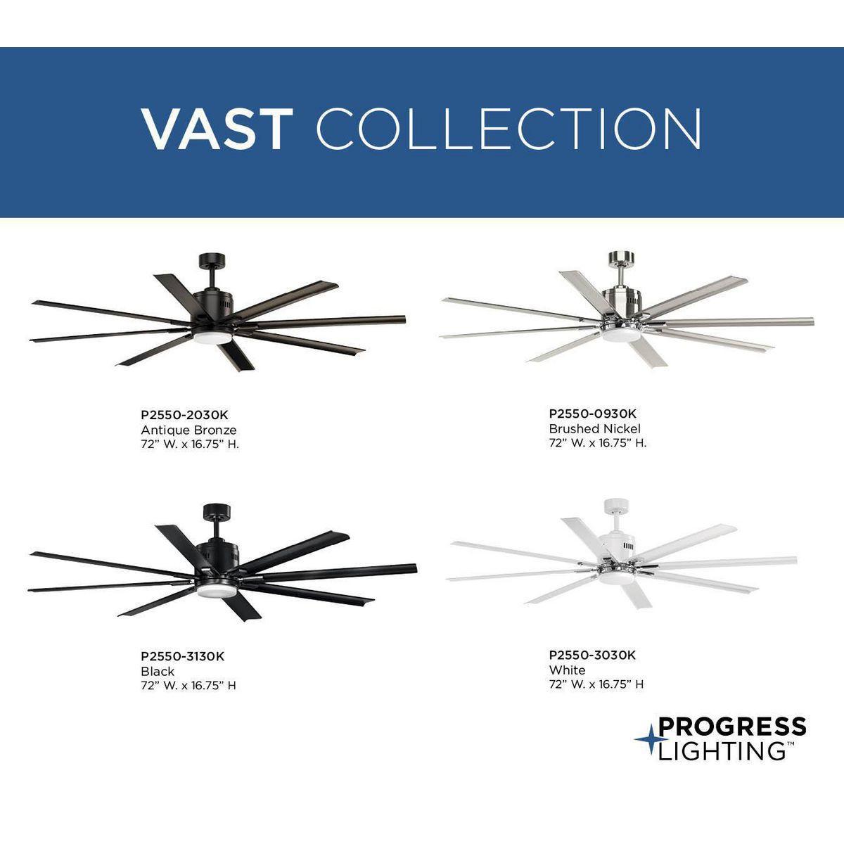 Progress Lighting® P2550-3130K Vast 1-Lamp Modern Ceiling Fan, 72 in Blade, Steel Housing, Plastic/Wood Blade, 3702/7982 cfm Flow Rate