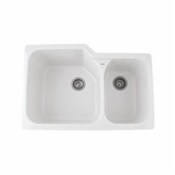 Rohl® 6337-00 Allia Kitchen Sink, White, Rectangle Shape, 18-1/4 in Left, 11-1/8 in Right L x 18-3/4 in Left, 16-1/4 in Right W Bowl x 10 in Left, 8 in Right D Bowl, 33 in L x 22 in W x 10-3/4 in H, Undermount Mounting, Fireclay