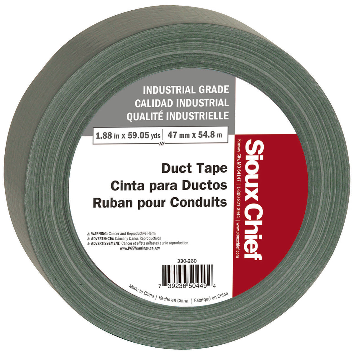 Sioux Chief 330-260 Industrial Grade Duct Tape, 60 yd L x 2 in W, 9 mil THK