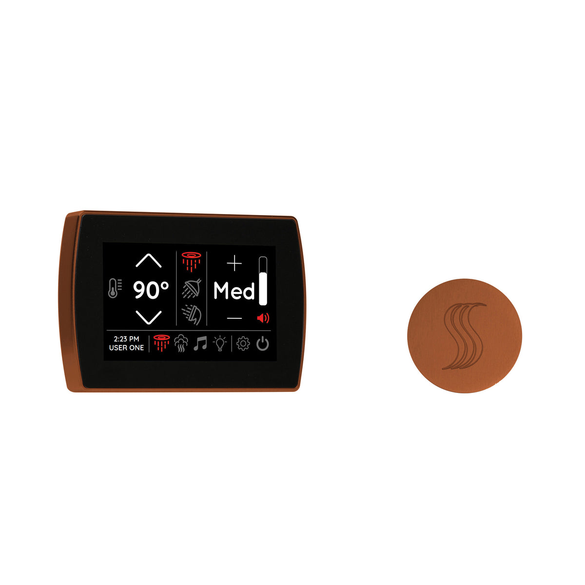 THERMASOL® STCM-SVRD-ACOP Signatouch Series Single Touch Shower Control, Capacitive Touch Screen Panel, Antique Copper, For Use With Smart Steam, Fast Start, Auto PowerFlush, Light and Sound System