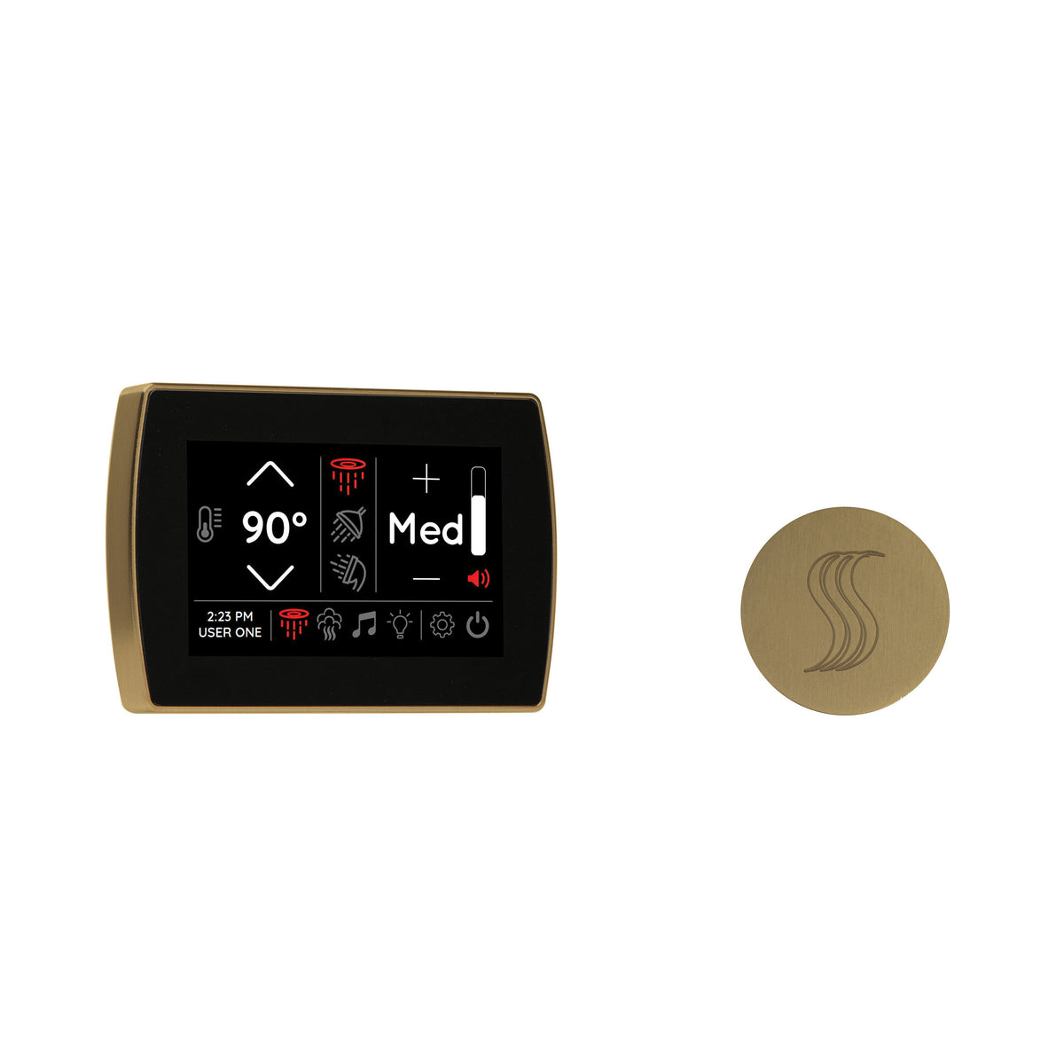THERMASOL® STCM-SVRD-SB Signatouch Series Single Touch Shower Control, Capacitive Touch Screen Panel, Satin Brass, For Use With Smart Steam, Fast Start, Auto PowerFlush, Light and Sound System