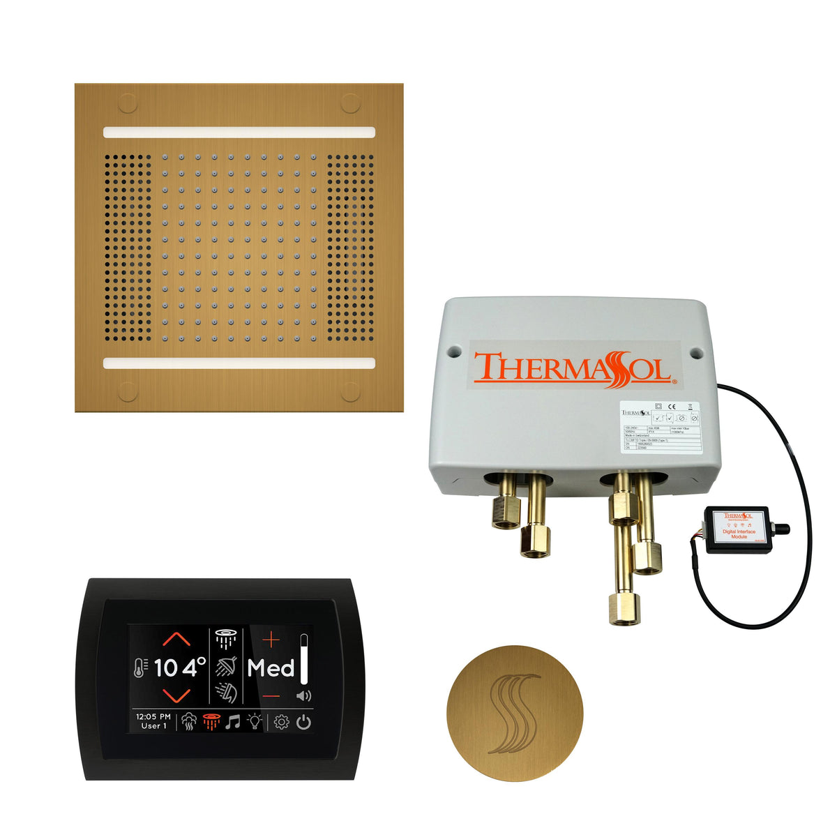 THERMASOL® TWPH14SR-AB Hydrovive Modern Shower Kit, LCD Display, Round Panel, Antique Brass