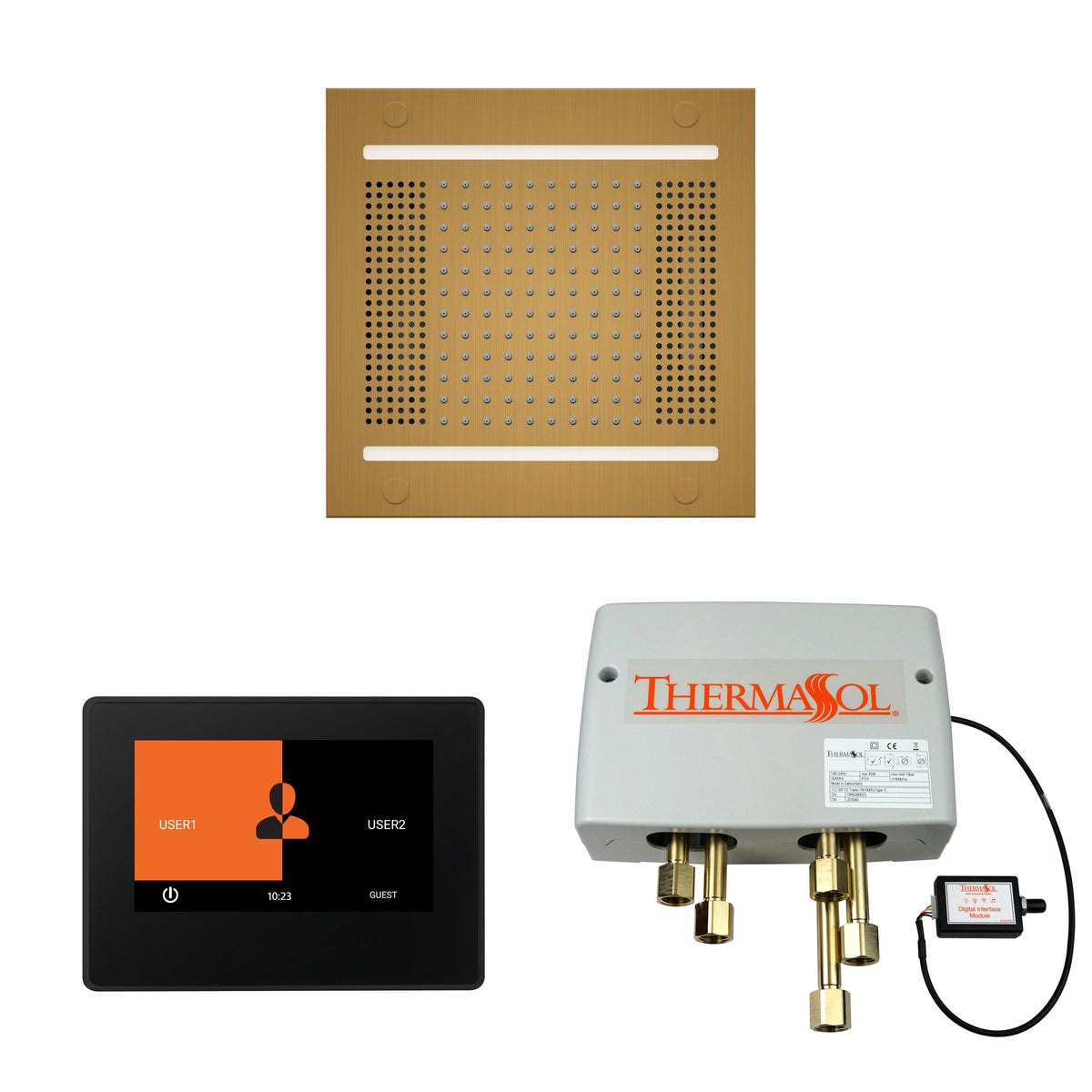 THERMASOL® WH14SP7S-AB WH14SP7S Hydrovive 14 Shower Kit, LCD Display, Square Panel, Antique Brass
