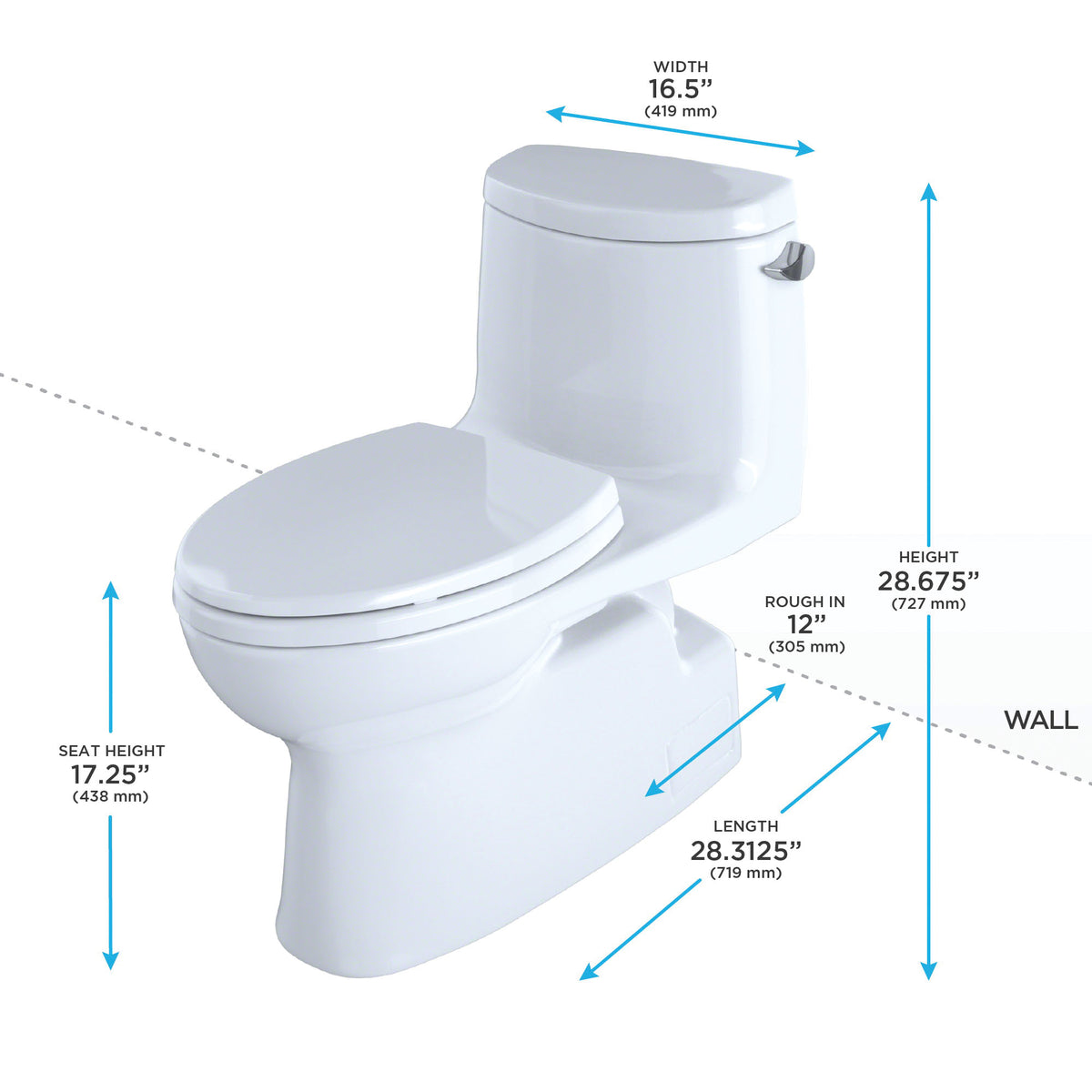 Toto® MS614114CEFRG#01 MS614114CEFRG, Carlyle® II, Elongated Bowl, 17-1/4 in H Rim, 12 in Rough-In, 1.28 gpf Flush Rate, Cotton White, Domestic