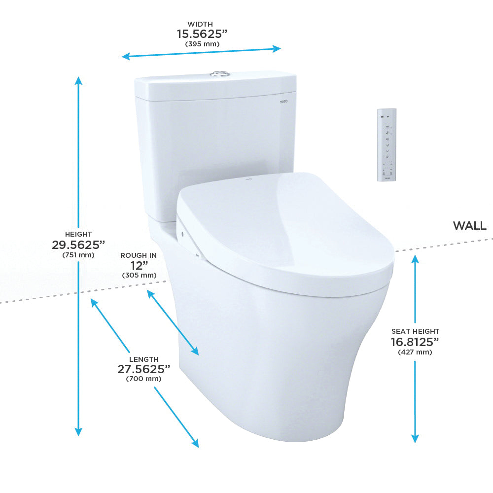 Toto® MW4463046CUMG#01 Center 2-Piece Toilet With CEFIONTECT™ Ceramic Glaze, T40 Washlet®+ Aquia® IV 1G®, Elongated Bowl, 15-9/16 in H Rim, 12 in Rough-In, 0.8/1 gpf, Cotton White, Import