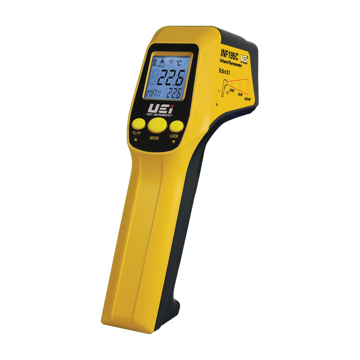 UEi Test Instruments™ INF195C Infrared Thermometer With K-Type Input, 32 to 122 deg F, 0.500694444444444 Focus Spot, 0.3/0.7/0.95, AAA Battery