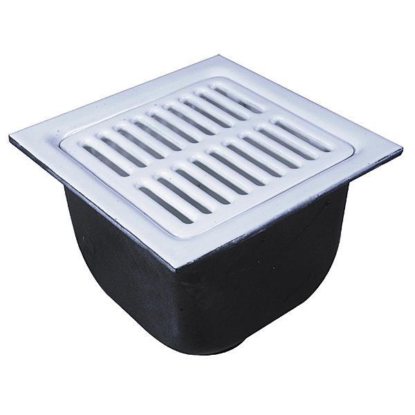 WATTS® FS-744 FS-740 Mechanical Joint No-Hub Sanitary Floor Sink With Polypropylene Dome Bottom Strainer, 4 in Drain Opening, 14-1/2 in L x 14-1/2 in W x 10-7/8 in D, Squared Shape, Cast Iron, Porcelain Enamel Coated/White, Import