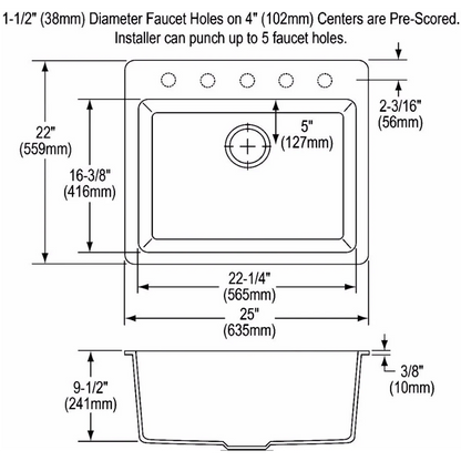 25 Inch Drop-In Sink with E-Granite Construction - Mocha